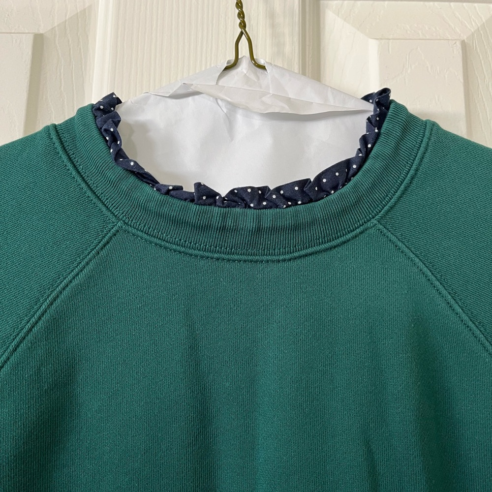 J. Crew Hunter green size S sweatshirt with navy/white polkadot trim - Picture 2 of 9